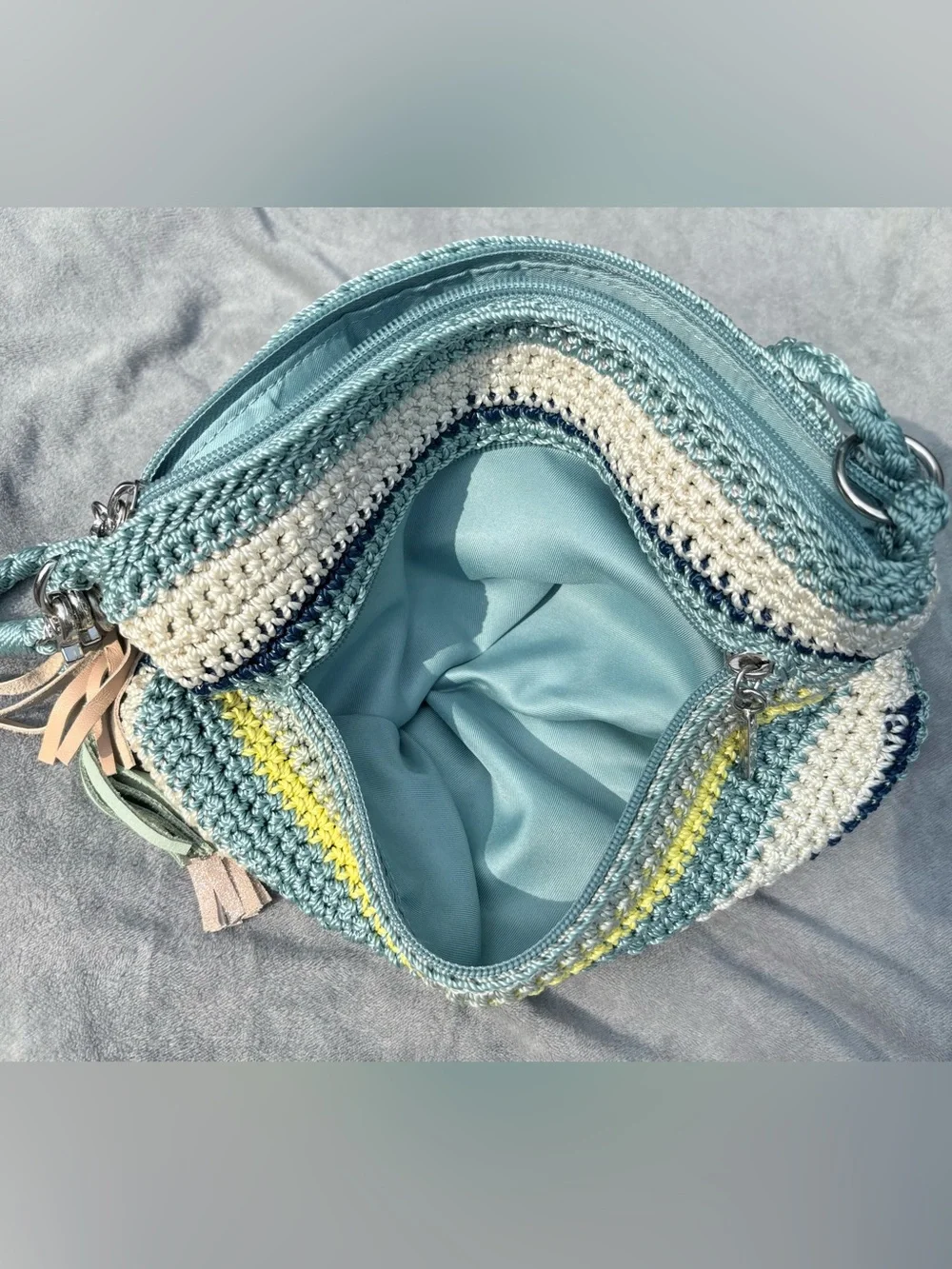 The Sak Striped Crochet Shoulder Bag in Aqua, Navy, Cream & Yellow